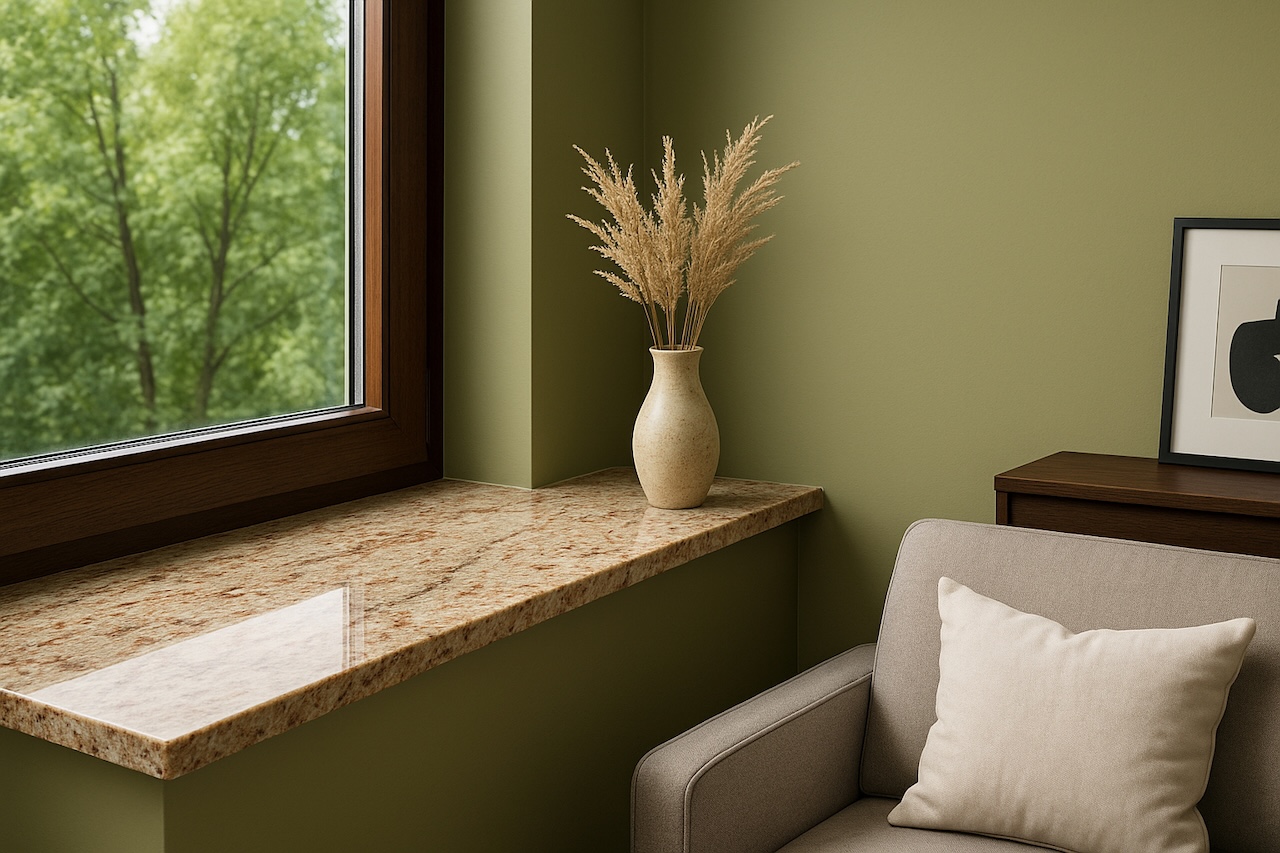 Kamienny parapet do brązowych okien w klasycznym wnętrzu